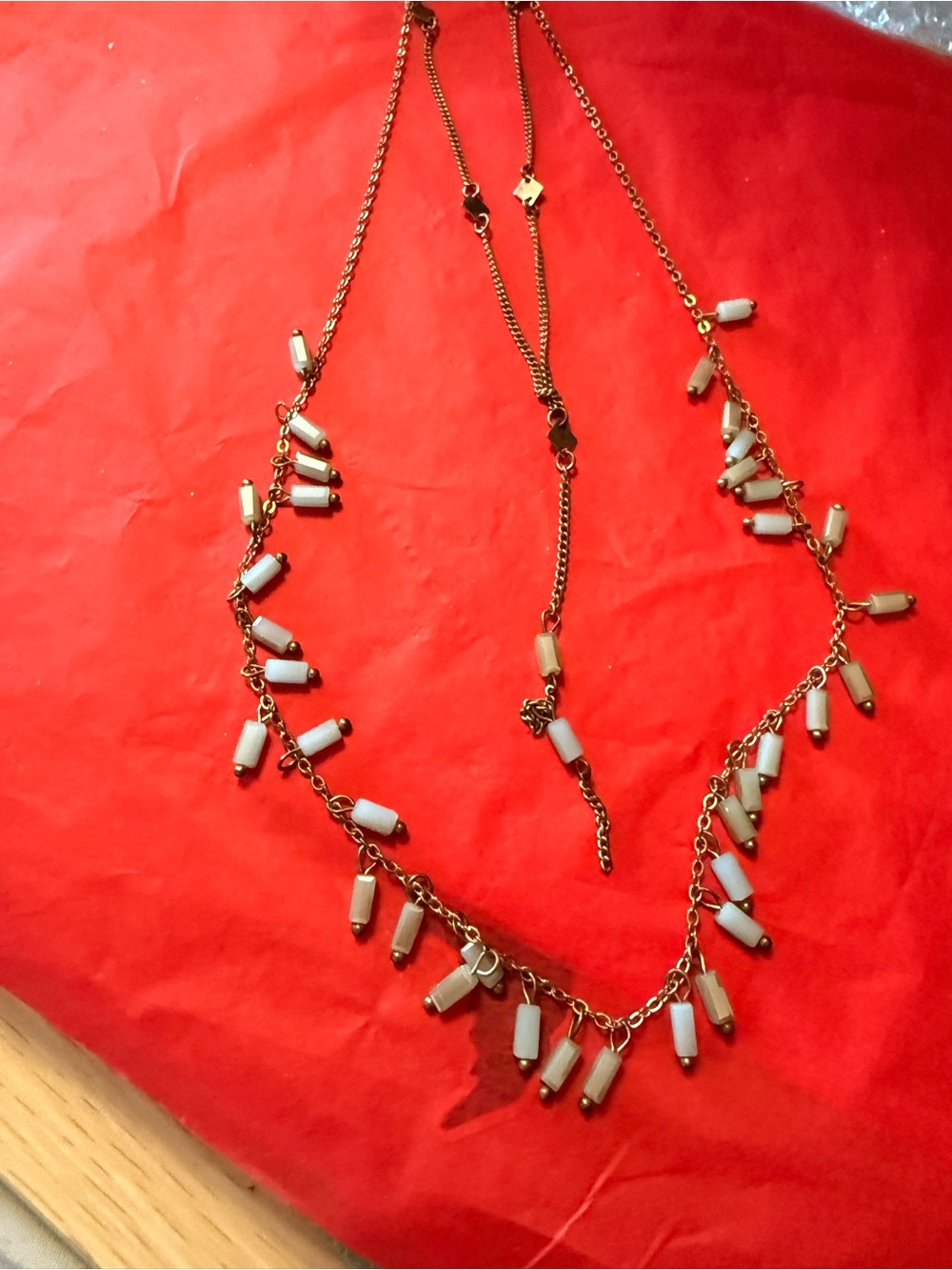 Gold Tone Multi Strand Layered Necklace Ivory Bead Dangle Statement Boho